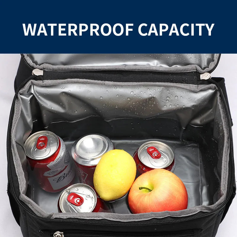 Blue double-layer insulated waterproof backpack cooler with 22 litre capacity shown outdoors.