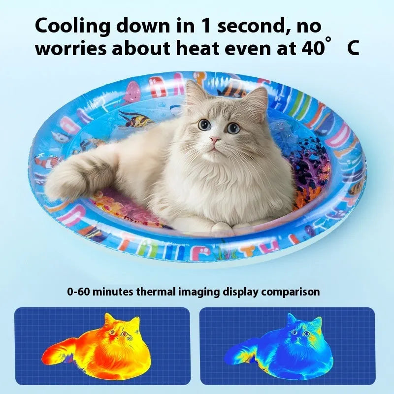 PVC inflatable pet cooling water cushion in dolphin design showing water injection valve