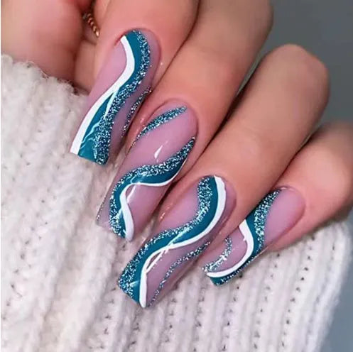 Ballet brand nail sticker set showing wave line, marble, glitter and green designs with jelly glue tubes
