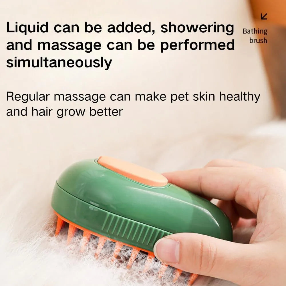 Green and white rechargeable cat steam brush with water spray tank and soft silicone bristles for pet grooming.