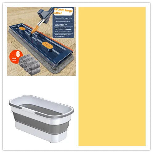 Large flat mop with long stainless steel handle and blue cleaning cloth on hard floor