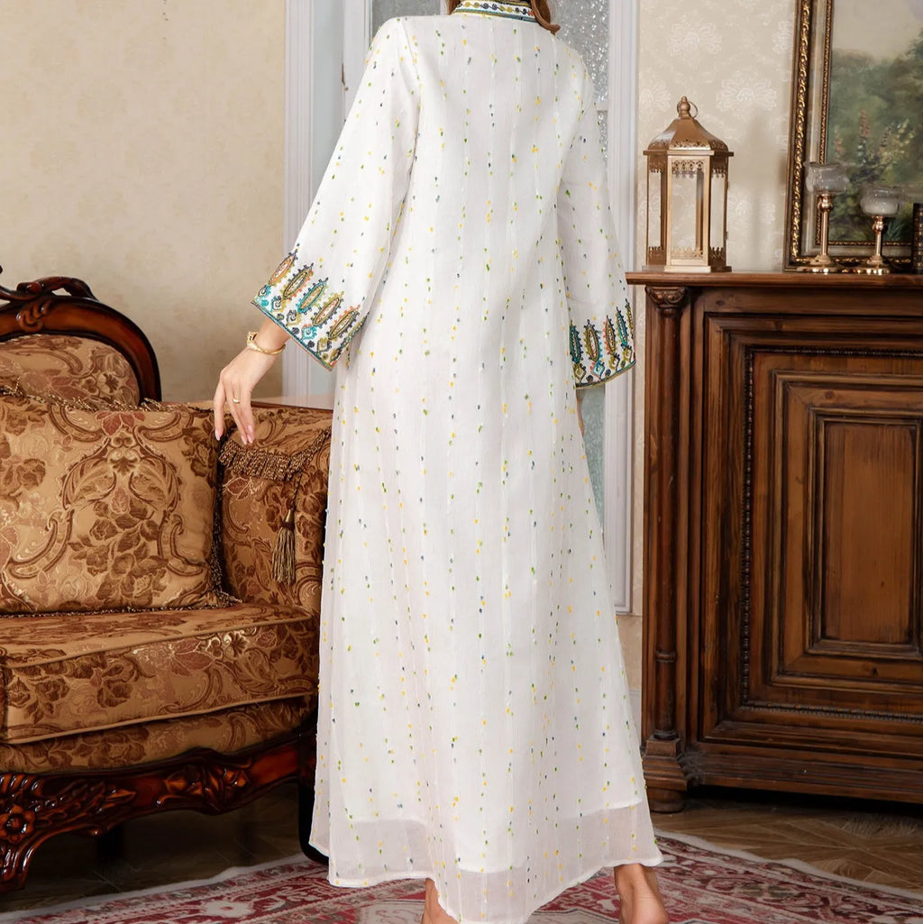 White long sleeve Arabic robe for women made from polyester, shown in a long skirt style.