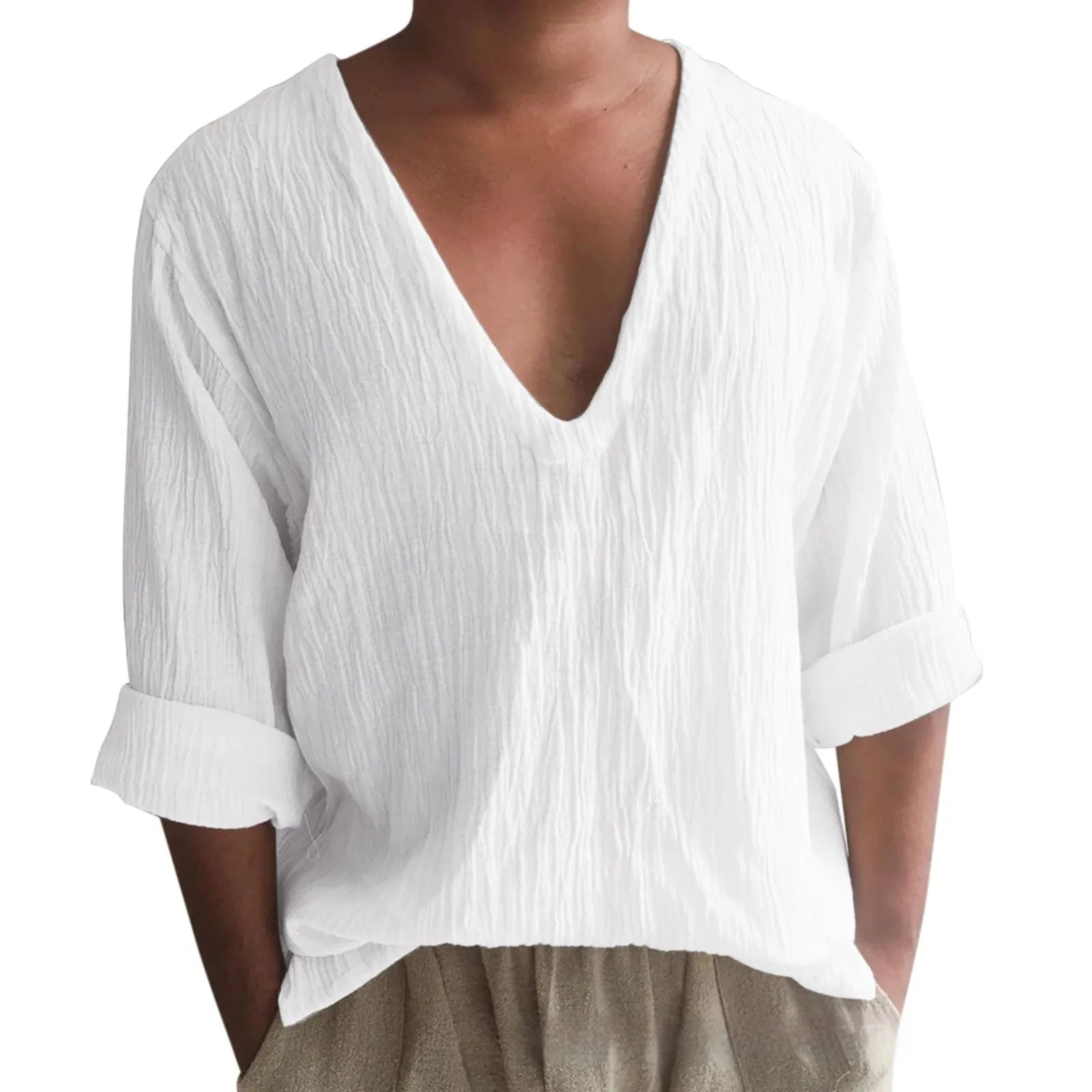 Men's long sleeve V-neck washed cotton t-shirt in solid colours with British style design