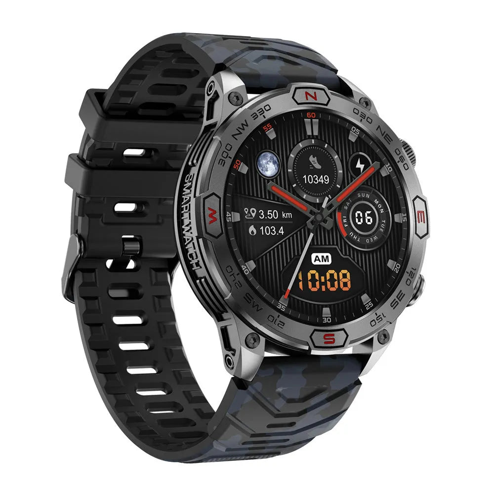 Sports smartwatch with AMOLED screen showing weather forecast, zinc alloy case, liquid silicone strap