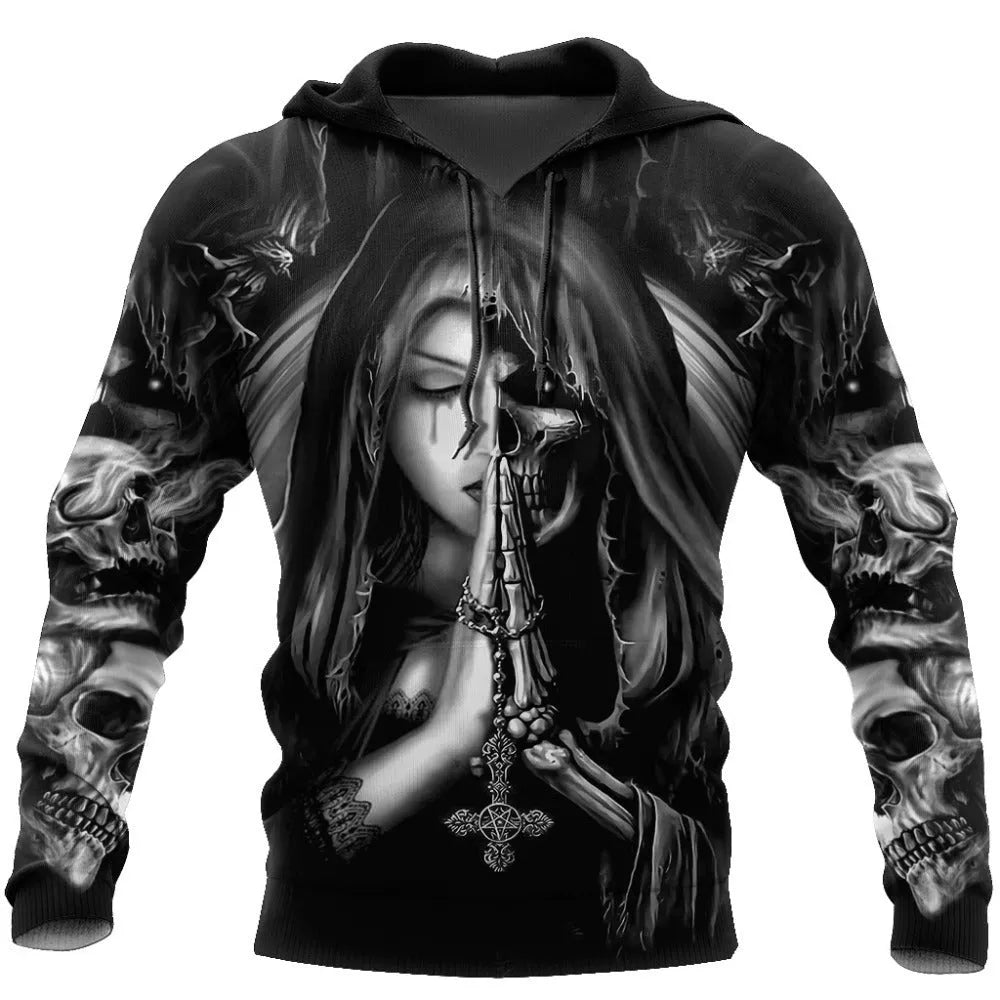 Halloween skull anime 3D graphic on a grey hooded sweatshirt with long sleeves.