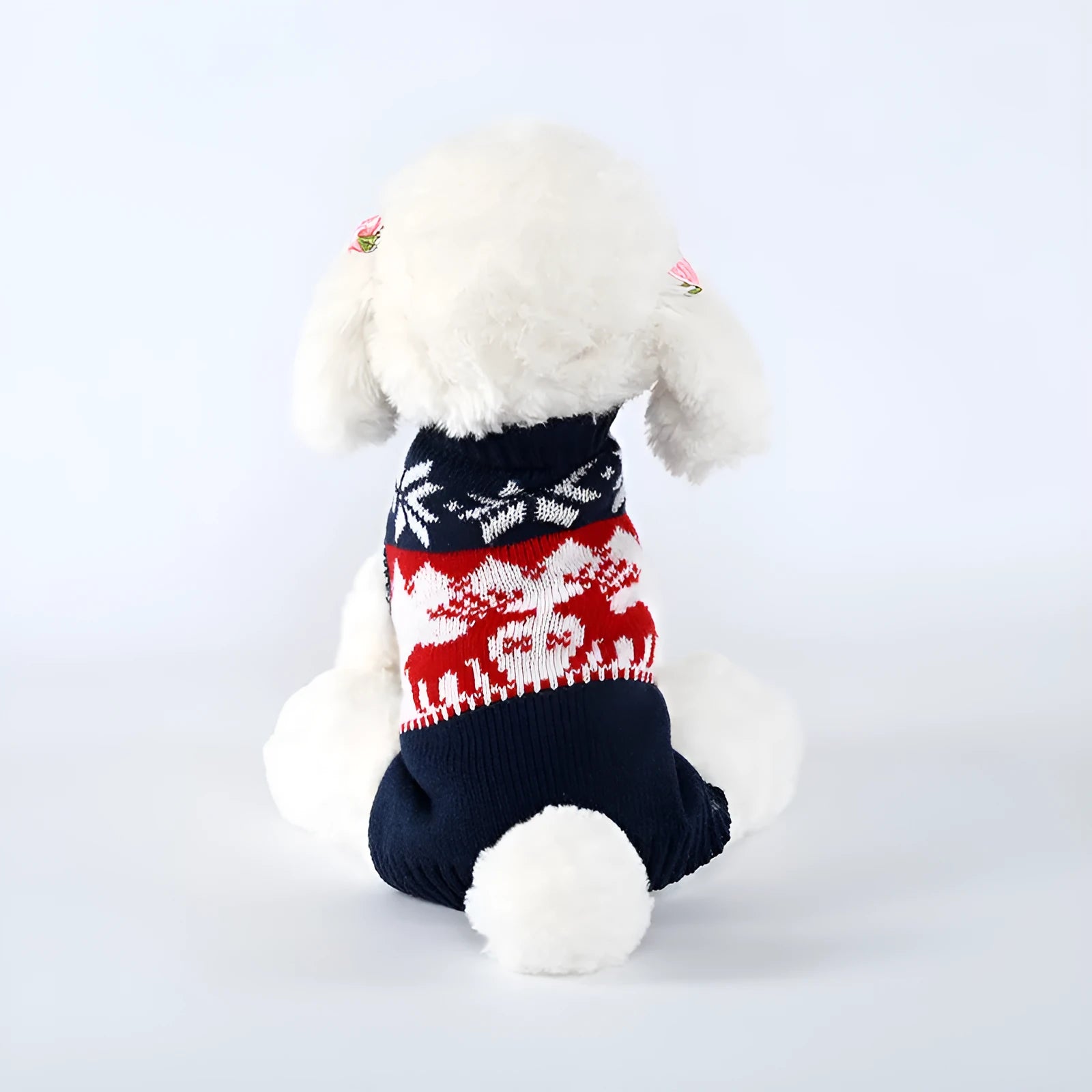 Navy blue knitted Christmas sweater for dogs in acrylic fabric on various sized pets
