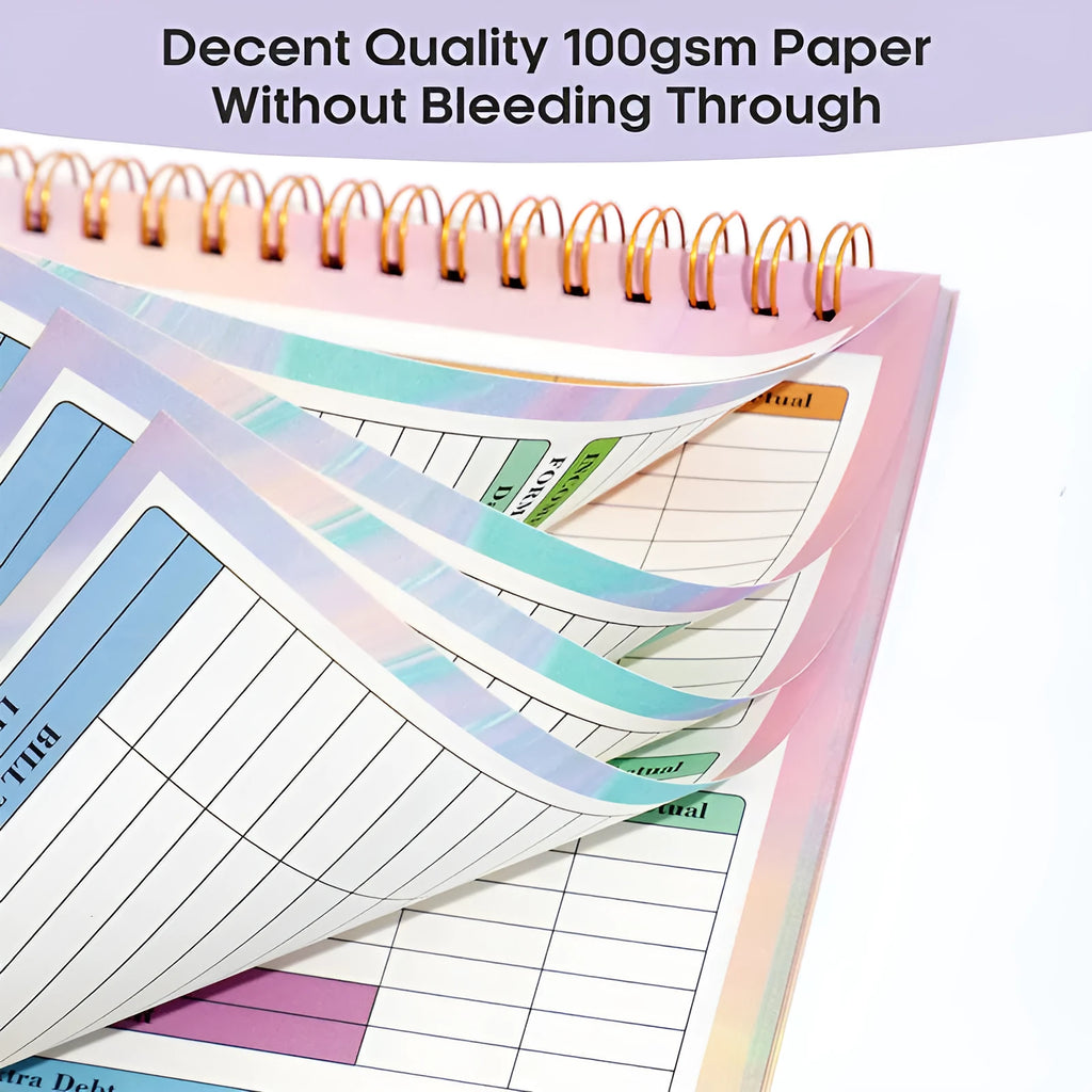 B5 size spiral-bound budget tally book with a blue PP cover, open to show lined pages for income and expense tracking.