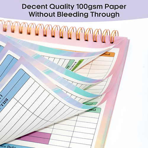 B5 size spiral-bound budget tally book with a blue PP cover, open to show lined pages for income and expense tracking.