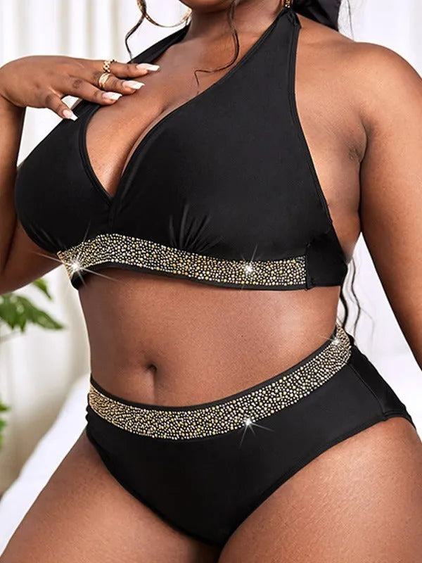 Black plus size women's bikini swimsuit with bra and shorts