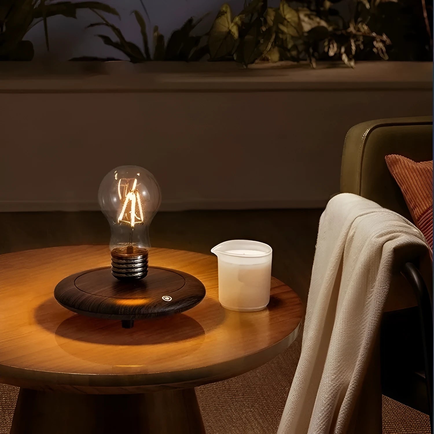 Suspension bulb creative night lamp with iron art construction and wood grain base