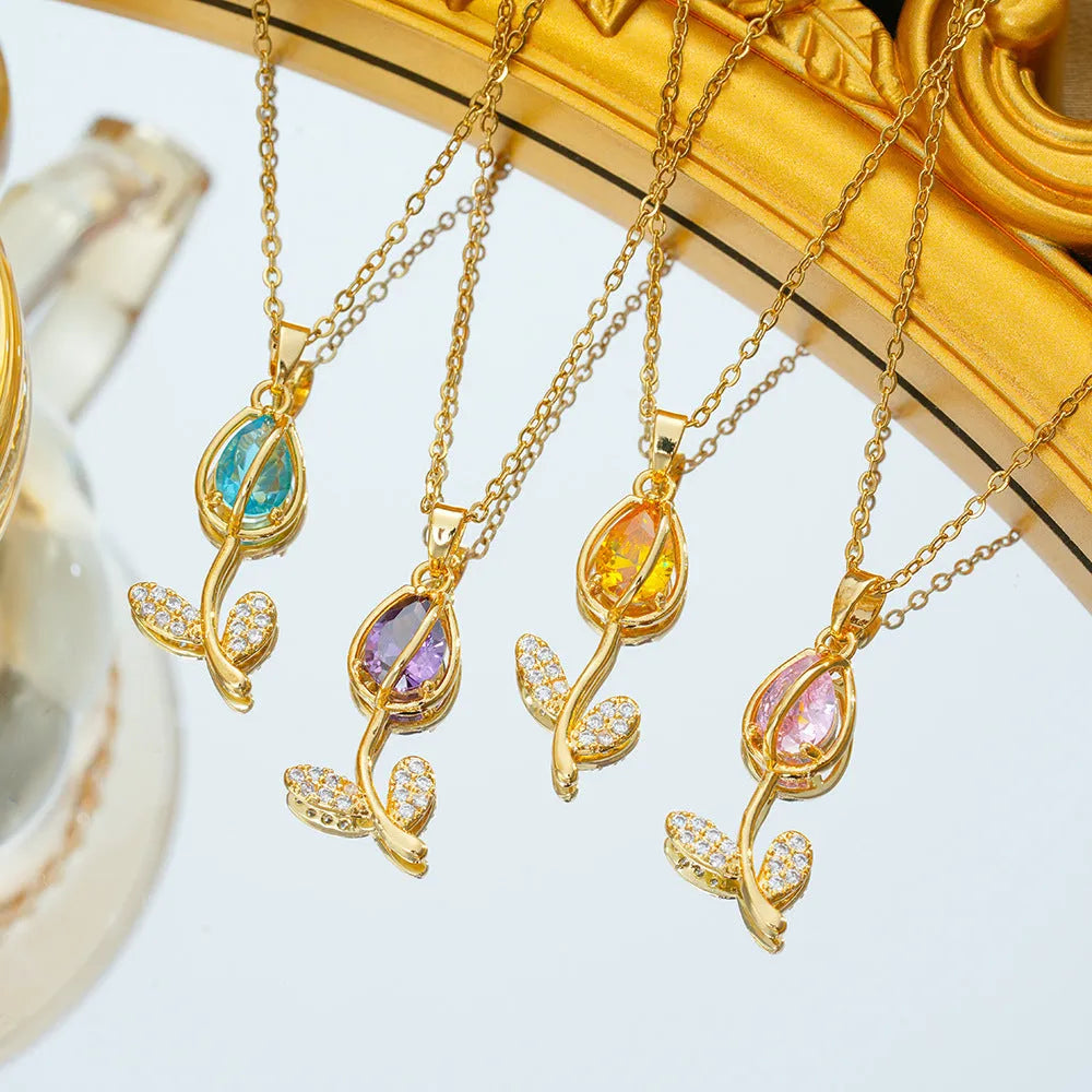 Zircon tulip necklace for women with titanium steel chain and floral pendant