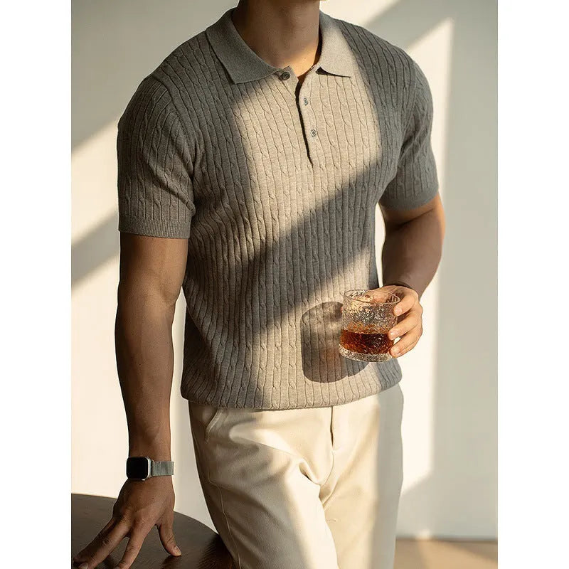 Men's short sleeve business commute top in khaki colour with four-size Asian fit options