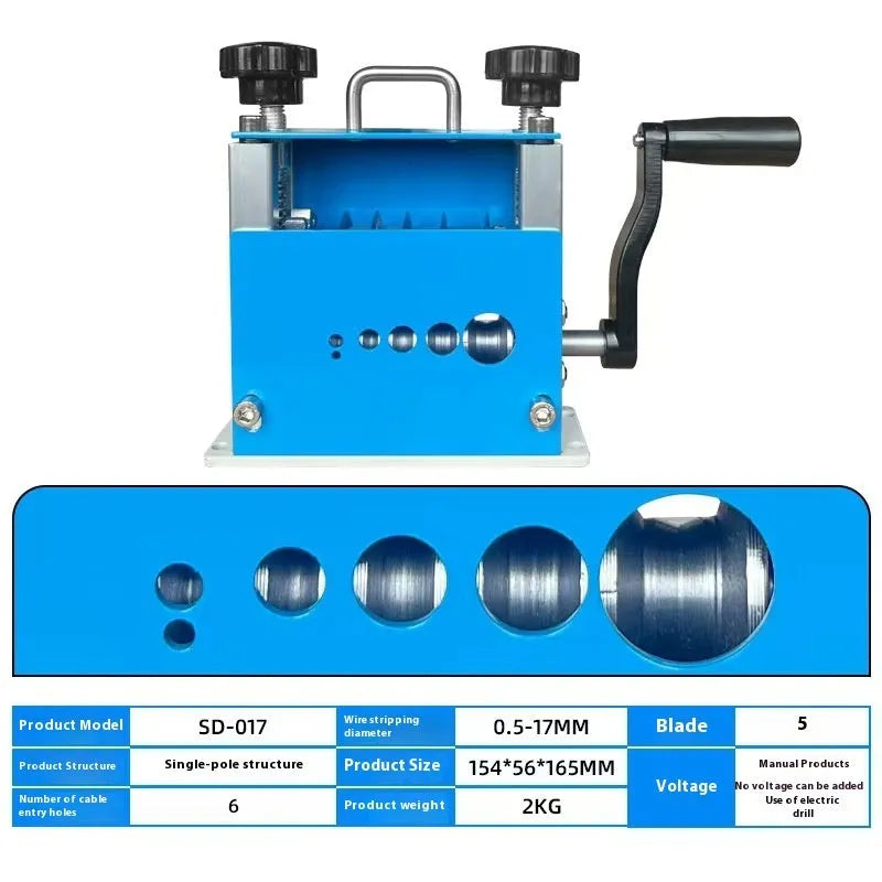 SD-017 manual wire stripping machine for 0.5-17mm cables on a workbench.