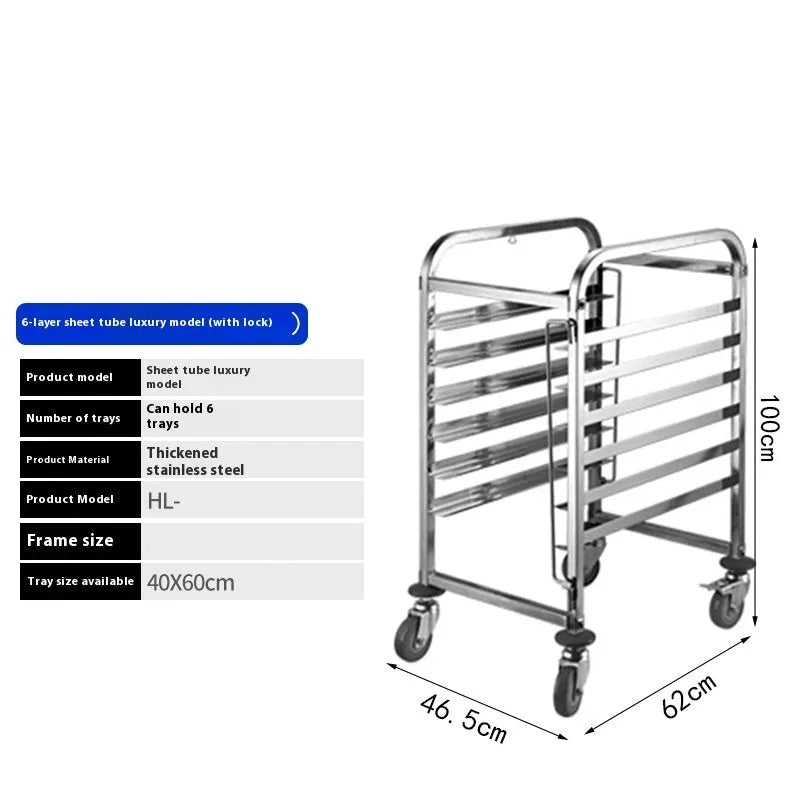 Six-tier stainless steel baking tray rack with secure locking clips