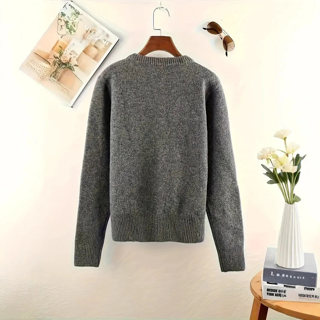 Women's dark grey button-front cardigan sweater with long sleeves on a hanger.