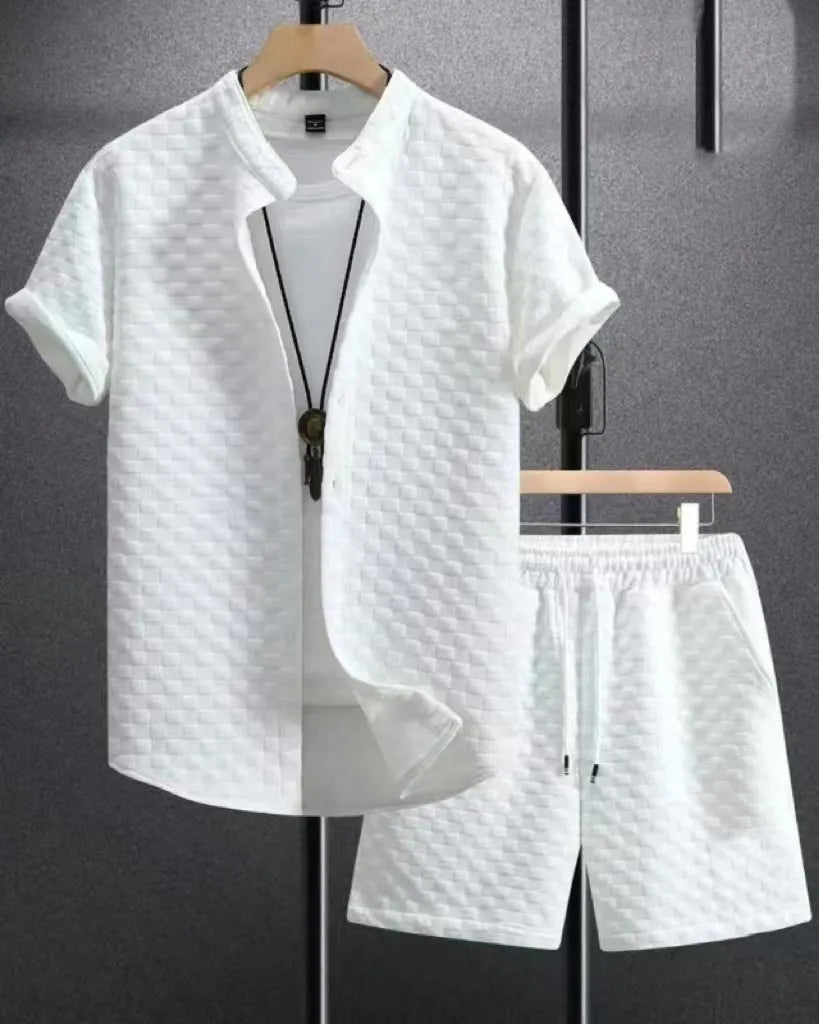 Men's jacquard short sleeve suit shorts set in chemical fibre blending fabric