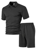 Men's patterned polyester casual short sleeve suit in multiple colours with polo shirt and trousers