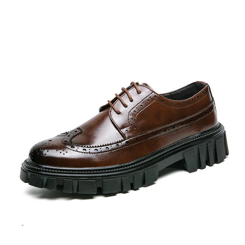 Men's black and brown brogue Oxford shoes with round toe and decorative detailing for business formal wear