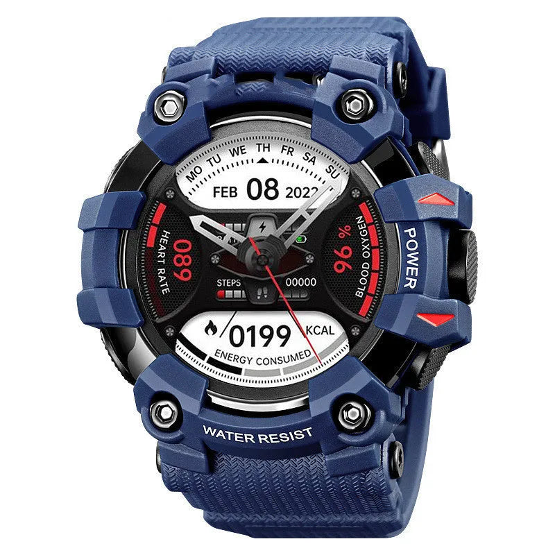 Blue smart watch with 56mm round touch screen display showing health metrics