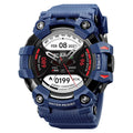 Blue smart watch with 56mm round touch screen display showing health metrics
