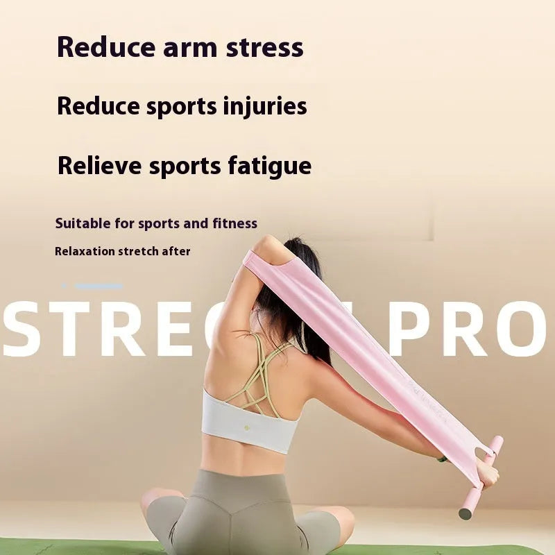 Grey and pink yoga multi-function stretching tool for shoulder, back, and hip exercises.