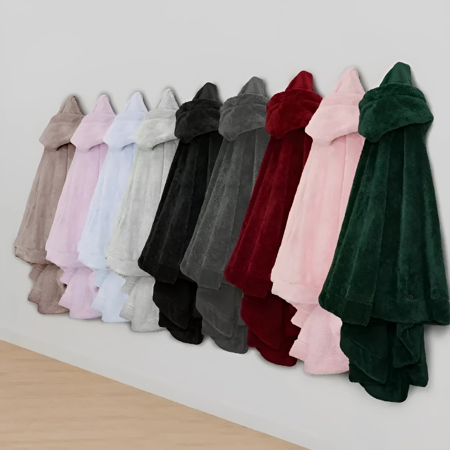 Thickened hooded cloak bathrobe in polyester fabric shown in three colour options: black, dark grey and pink