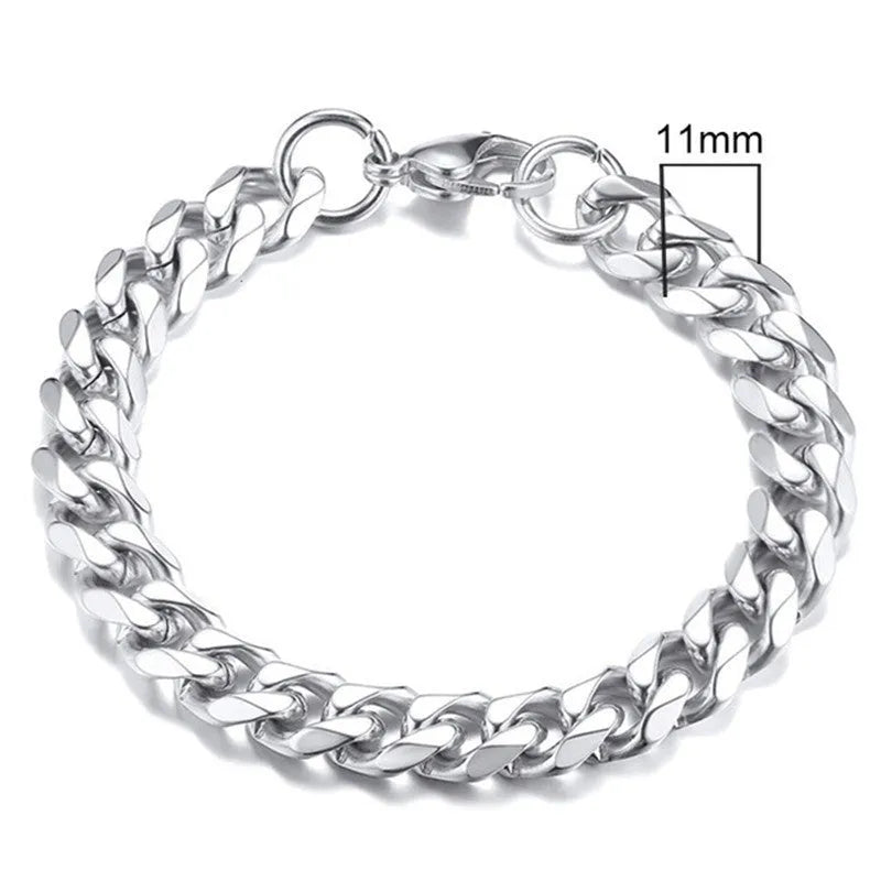 Six-sided Cuban link chain metal bracelet shown in gold, black and steel colour finishes with different width options.