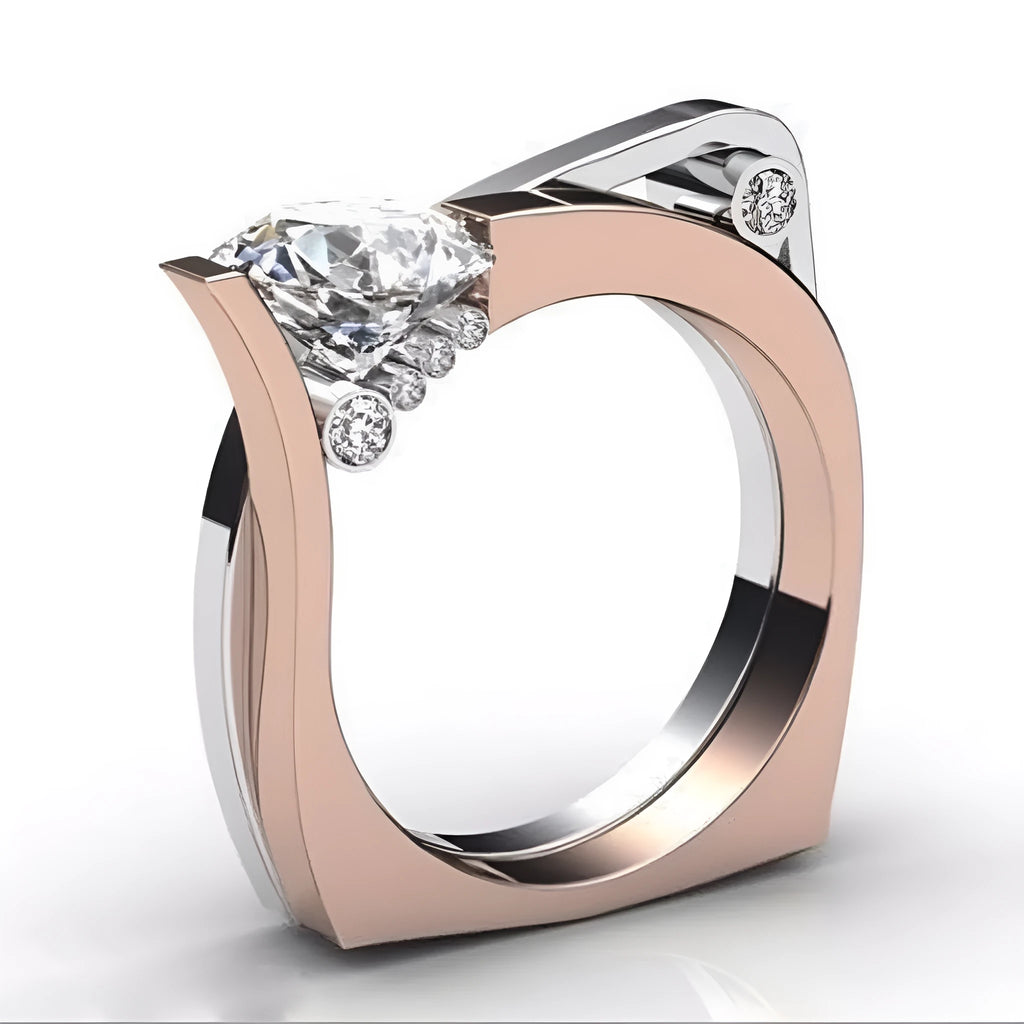 Rose gold couple rings with zircon stone inlay in geometric design, women's sizes 6-10