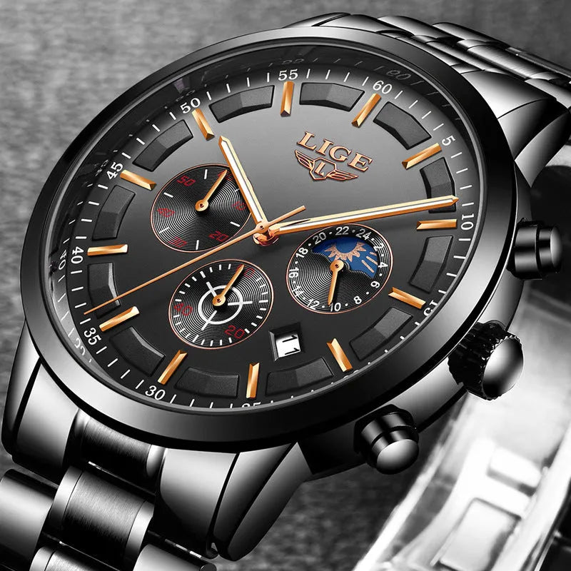 Men's black and rose red gold waterproof sports watch with quartz movement on wrist.