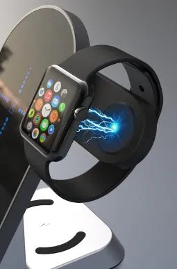 Black six-function wireless charging alarm clock with phone, watch and earphone charging outputs