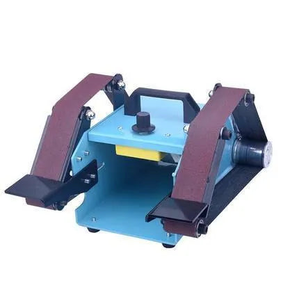 Blue desktop dual-axis belt sander for polishing and knife sharpening on a workbench.