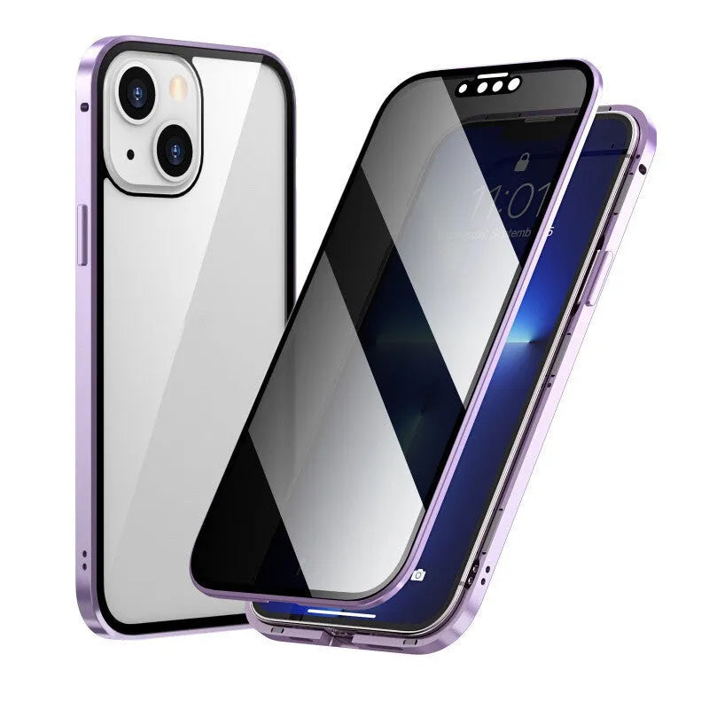 Magneto privacy-proof phone case with a double-sided metal frame, shown in a choice of colours for iPhone models.