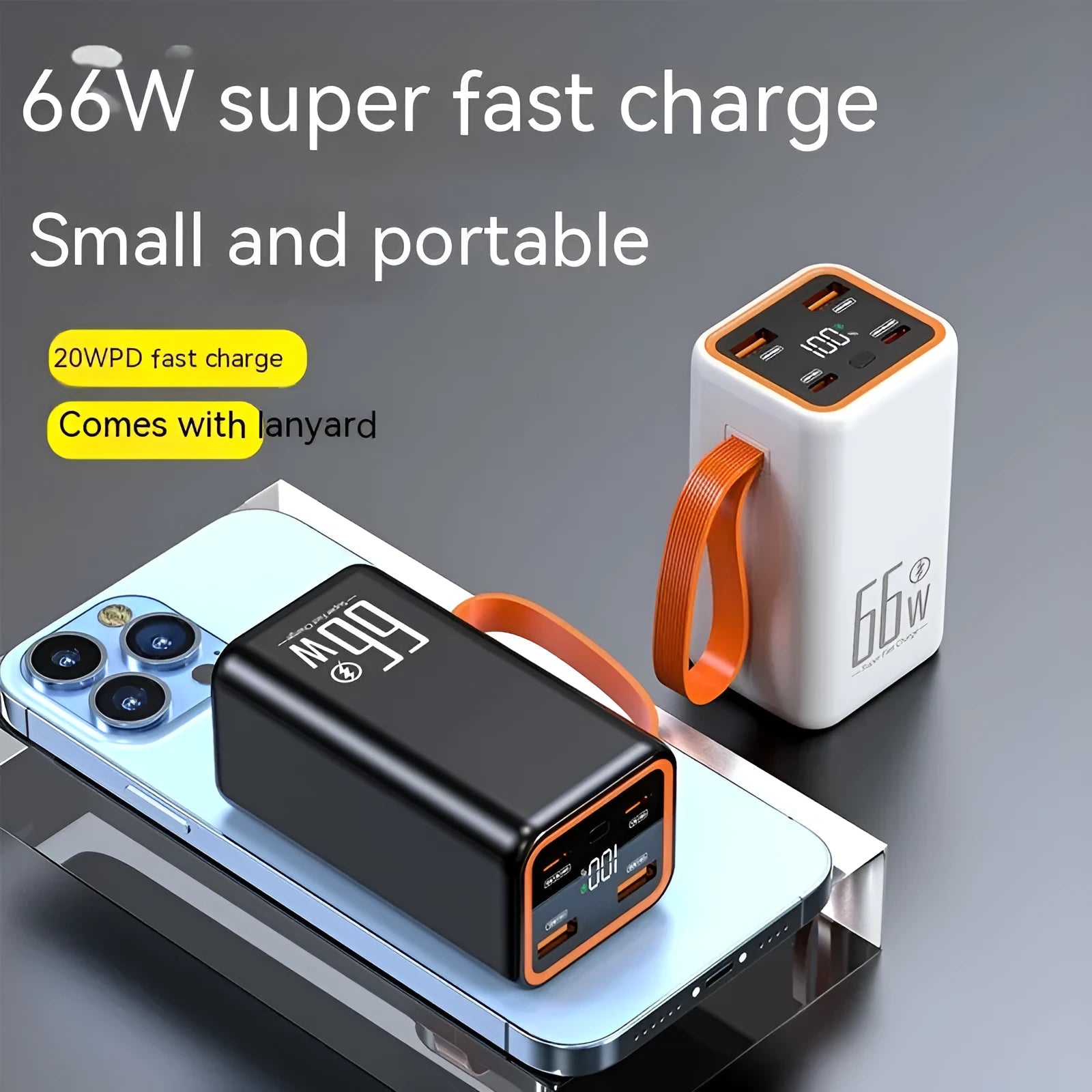 Black or white PD66W fast charge 20000 mAh portable power bank with creative design