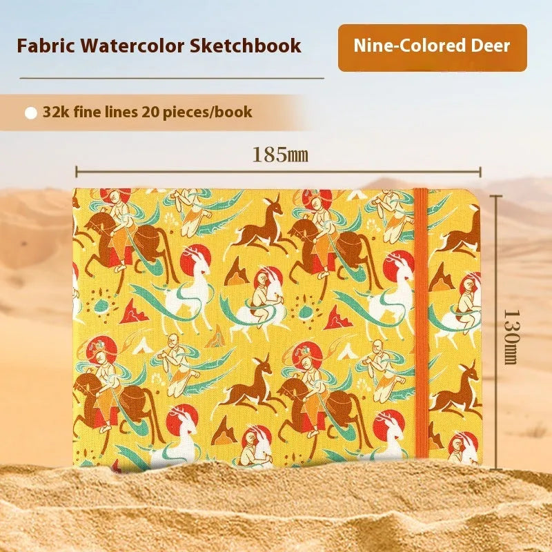 Feiluniao handmade fabric watercolour sketchbook with colourful themed cover, 185mm long.