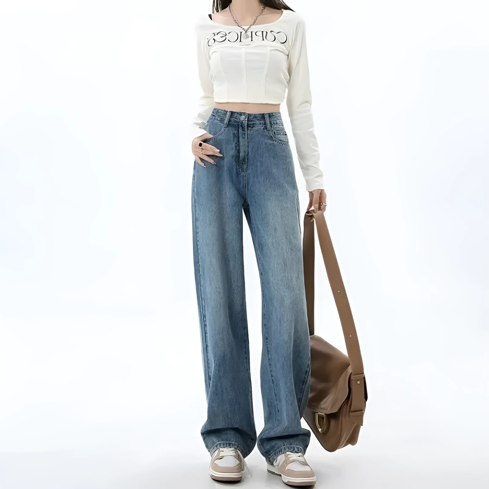 Women's high waist wide leg jeans in retro blue denim with straight cut
