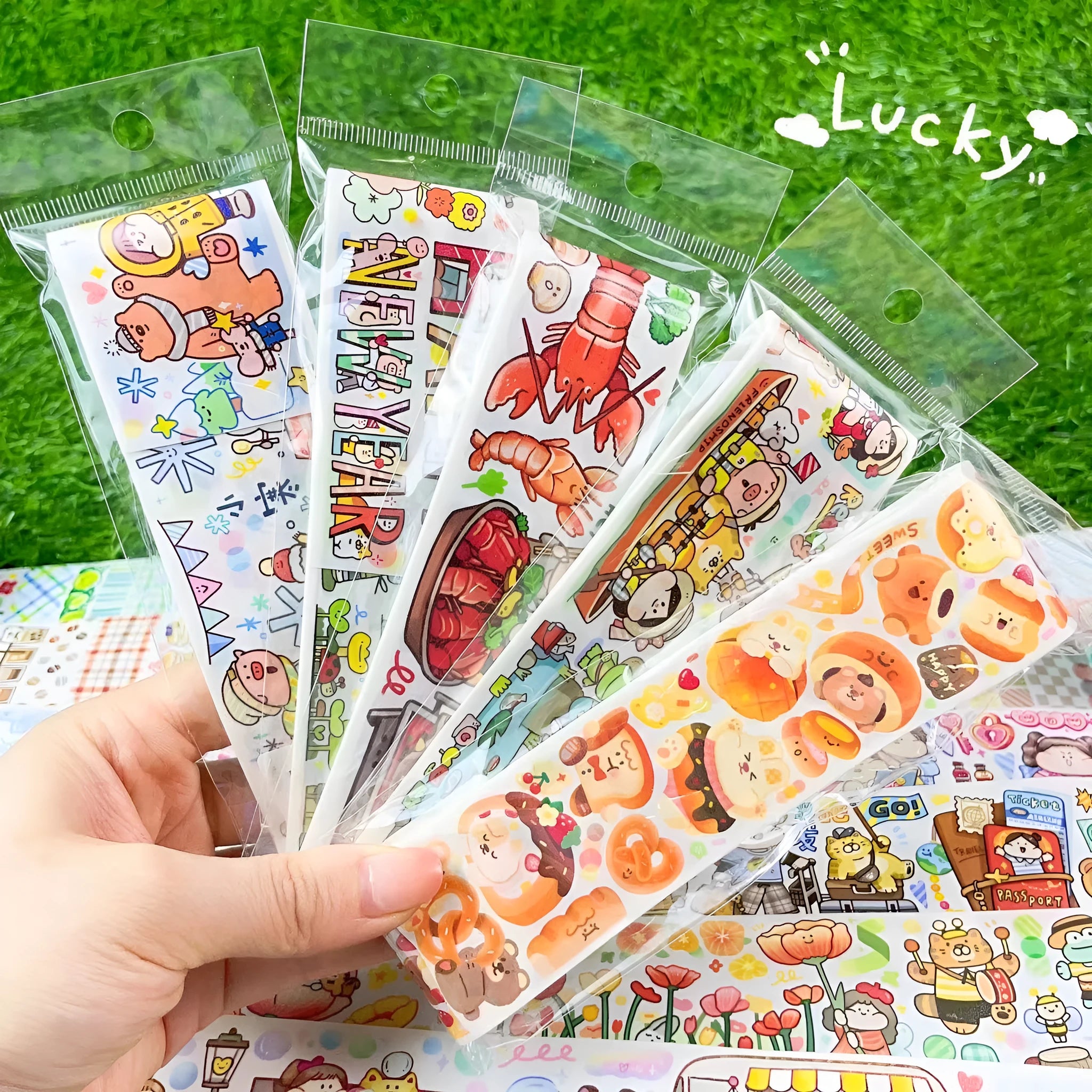 Sheet of cute cartoon character stickers on Japanese paper for haemorrhoid tape packaging and planners.