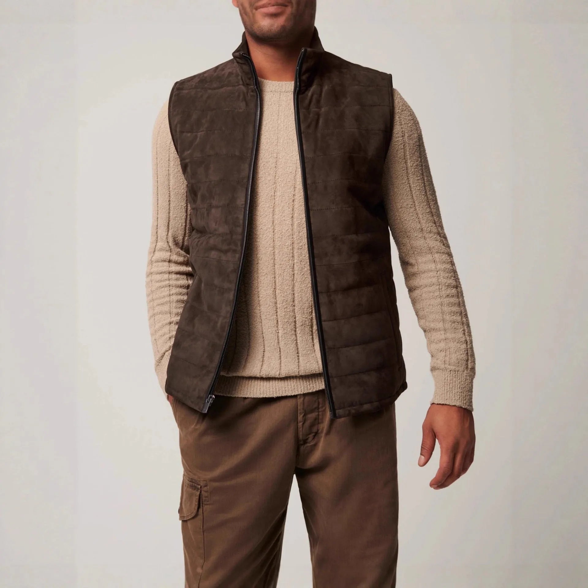 Brown leather men's horizontal vest jacket with straight hem made from polyester fiber, available in multiple sizes