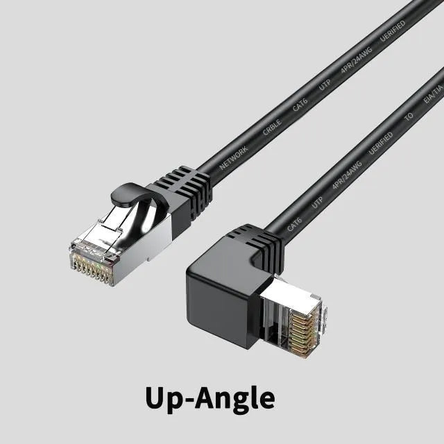 Right-angle Cat6 Ethernet cable with RJ45 connector in various colour options