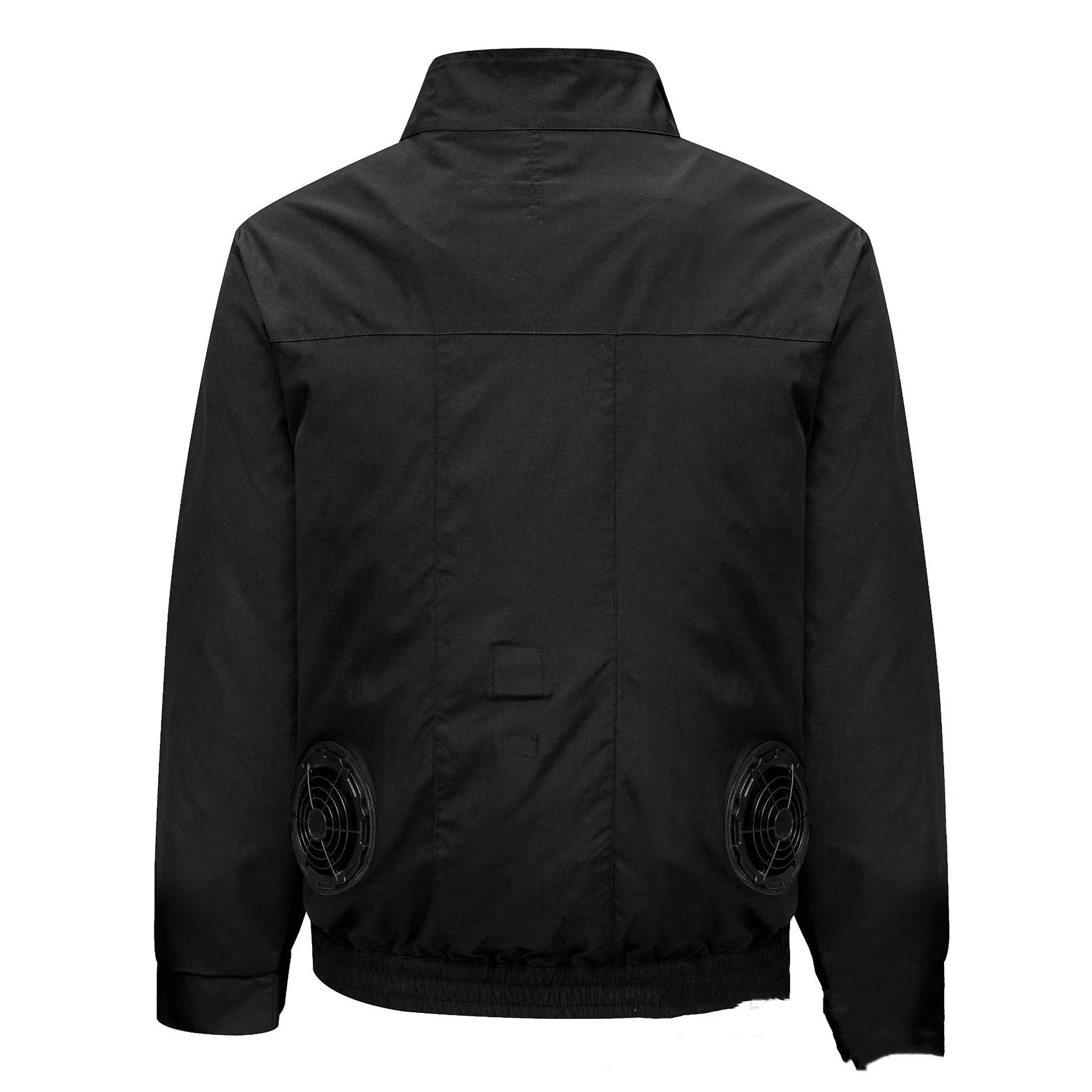 Men's black summer work jacket with multiple vent holes for a cooling fan system.