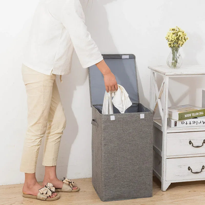 Three-dimensional foldable cotton linen storage basket in grey khaki or brown for clothes and books