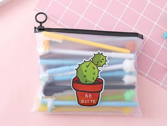Set of twenty 0.5mm black pens with cactus cartoon designs inside a matching plastic pen case.