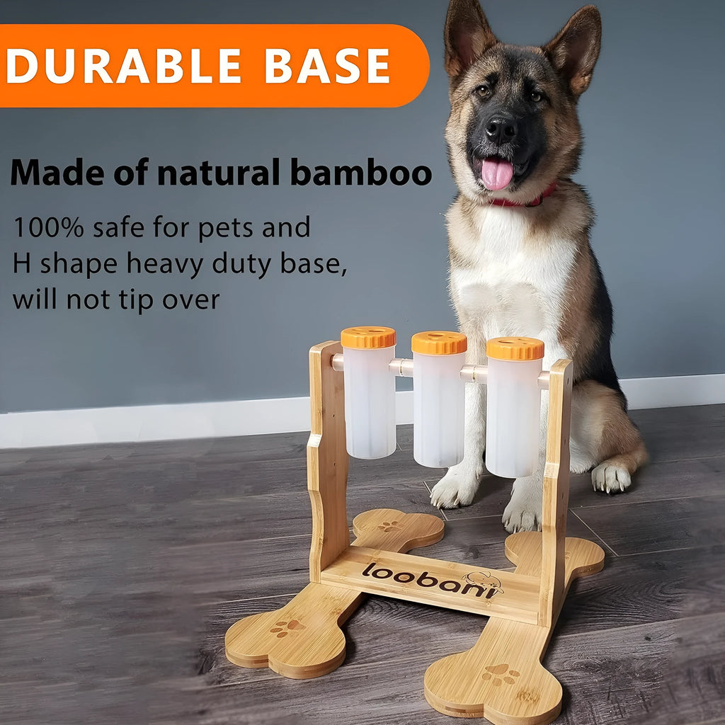 Natural wood colour dog puzzle toy and snack dispenser measuring 31 by 30 by 20 centimetres.