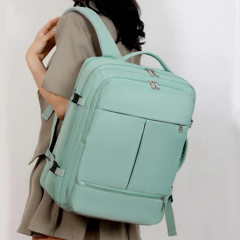 Large waterproof oxford cloth backpack for business travel with multiple pockets, shown in available colours.