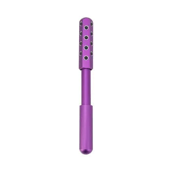 Purple stainless steel facial massage roller with germanium particle ball head on a white background.