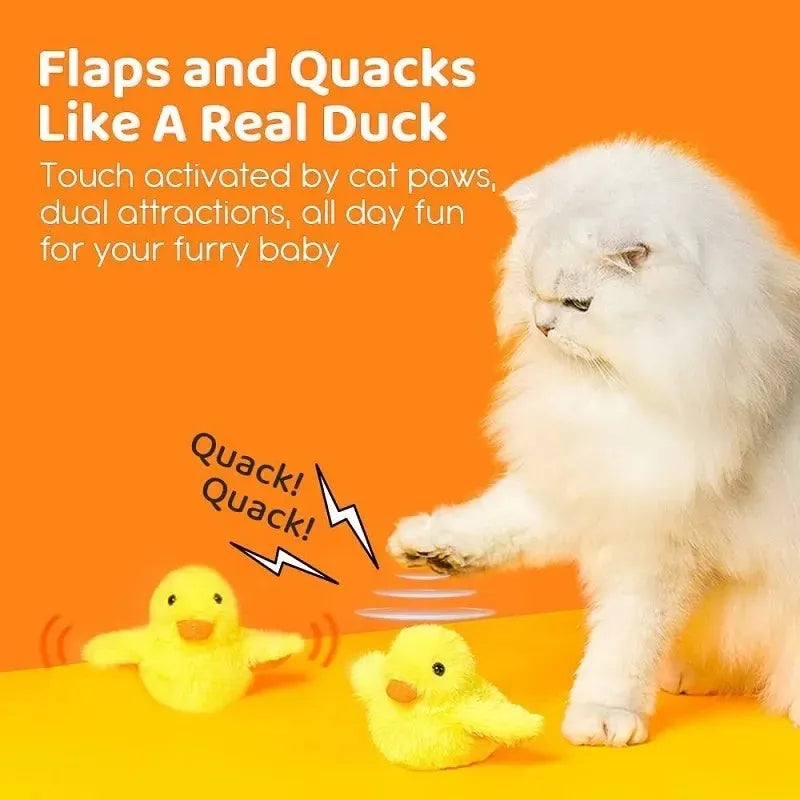 Yellow flapping duck interactive cat toy with vibration sensor and catnip on white background