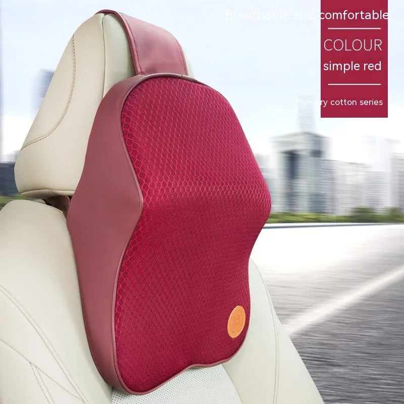 Black memory foam car headrest pillow and lumbar support pillow set on car seat