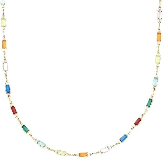 Ladies geometric crystal necklace with alloy chain and random colour glass detailing