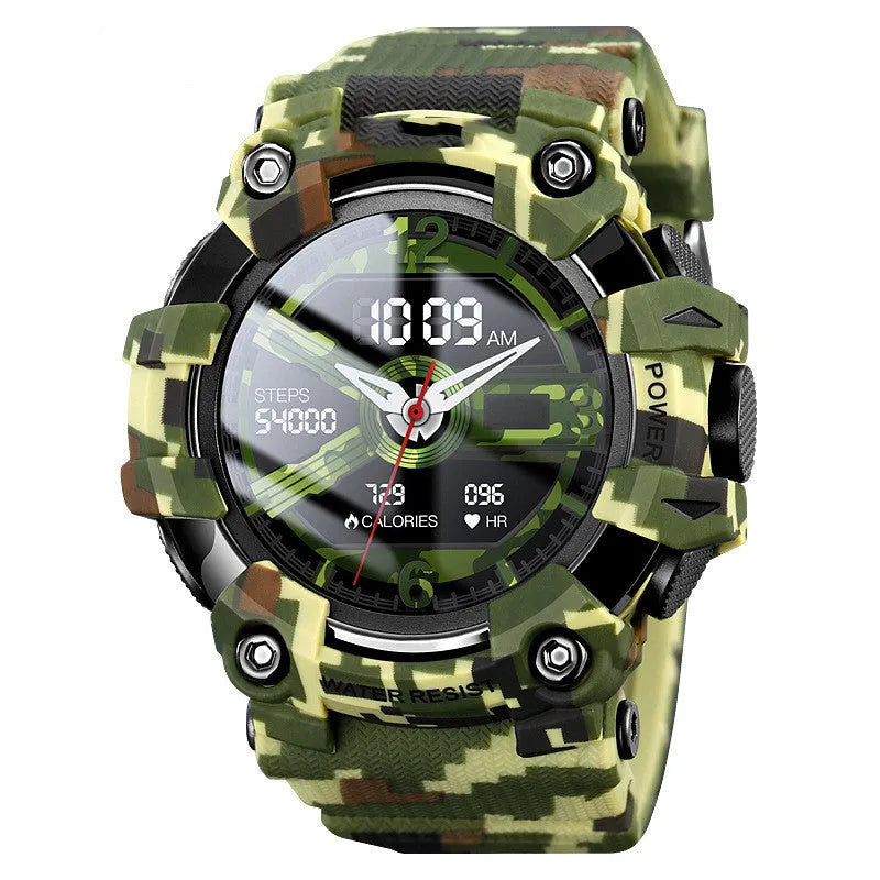 Blue smart watch with 56mm round touch screen display showing health metrics