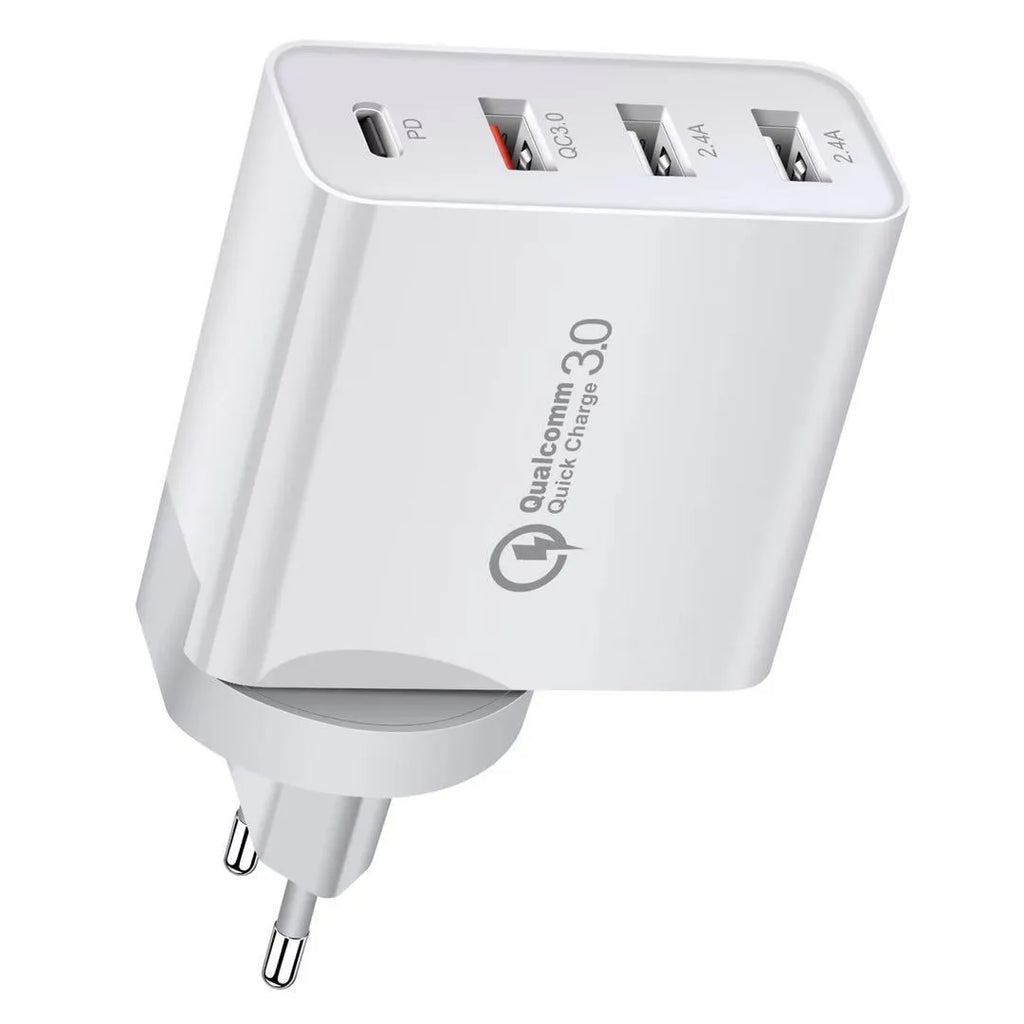 White 4-port fast charger with PD and QC technology showing UK plug