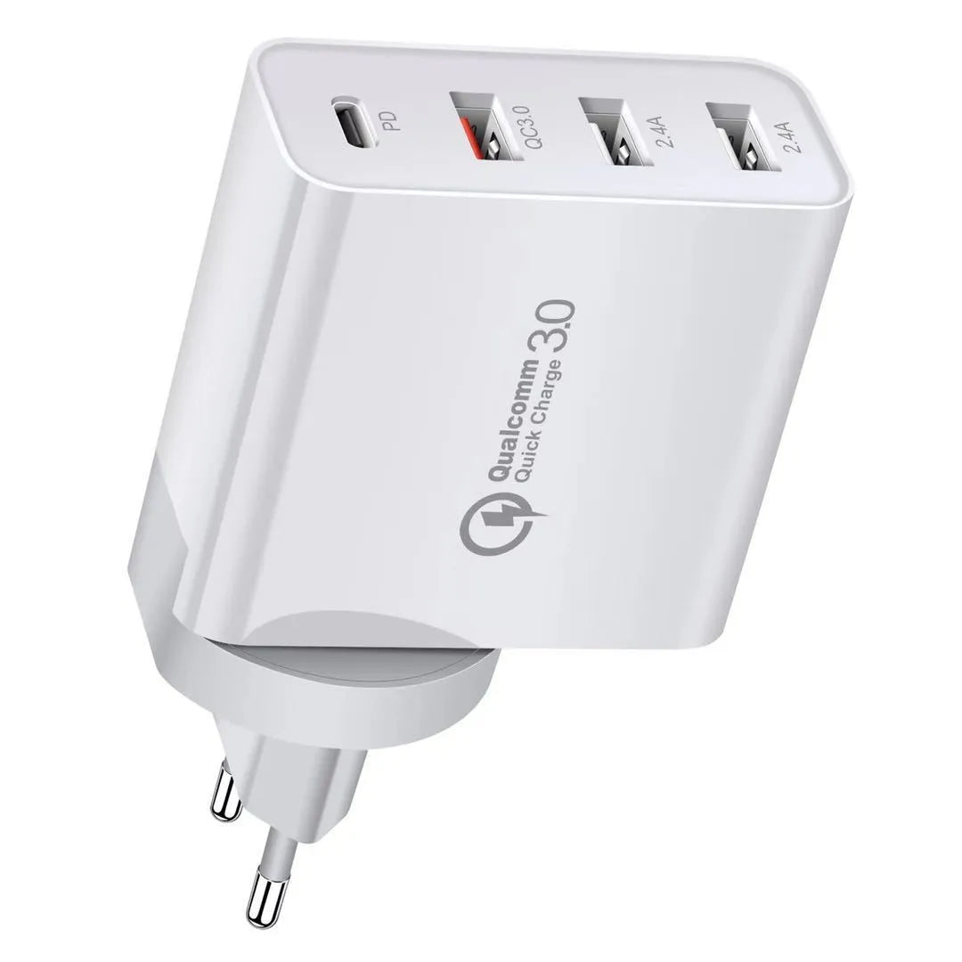 White 4-port fast charger with PD and QC technology showing UK plug